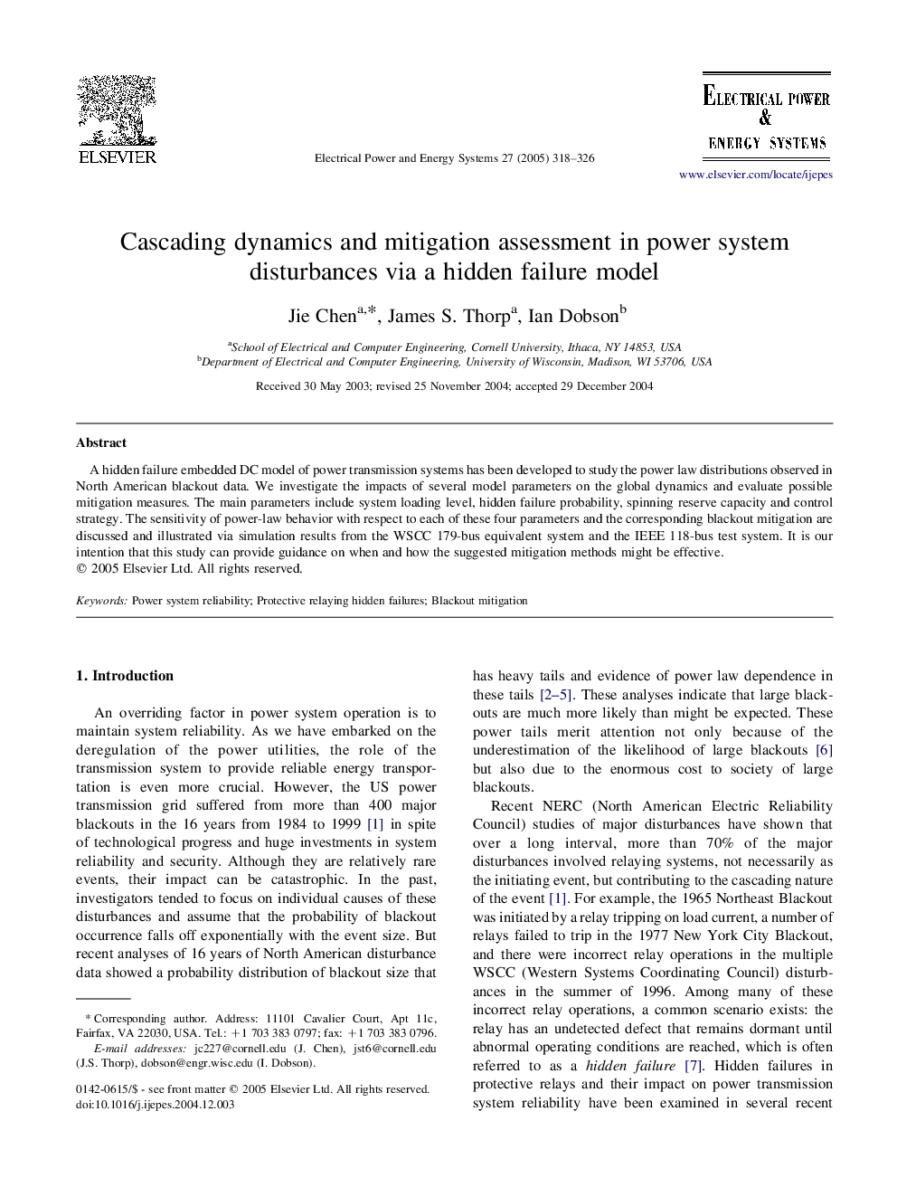 Cascading dynamics and mitigation assessment in power system disturbances via a hidden failure model