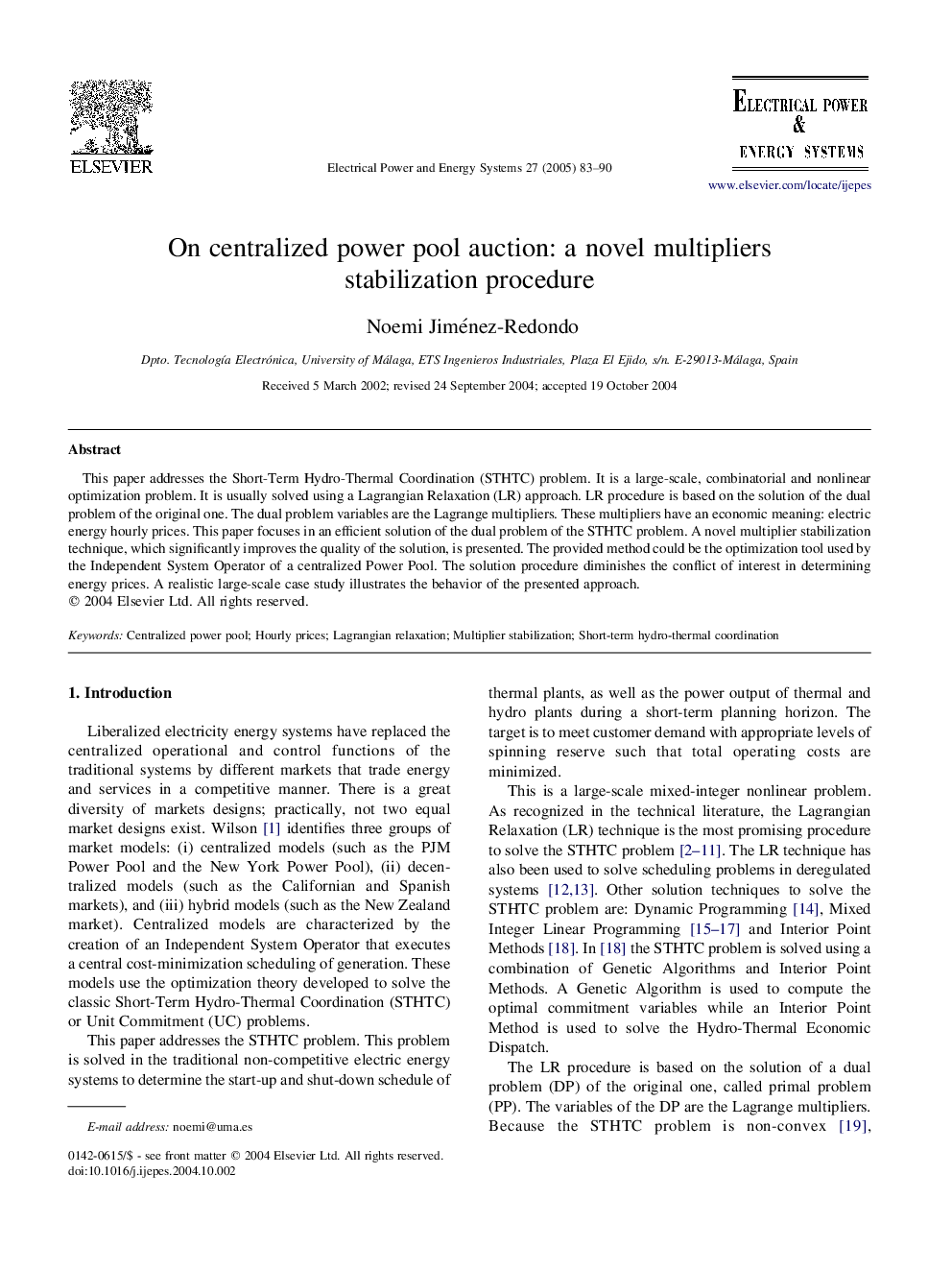 عکس صفحه اول مقاله: On centralized power pool auction: a novel multipliers stabilization procedure On centralized power pool auction: a novel multipliers stabilization procedure