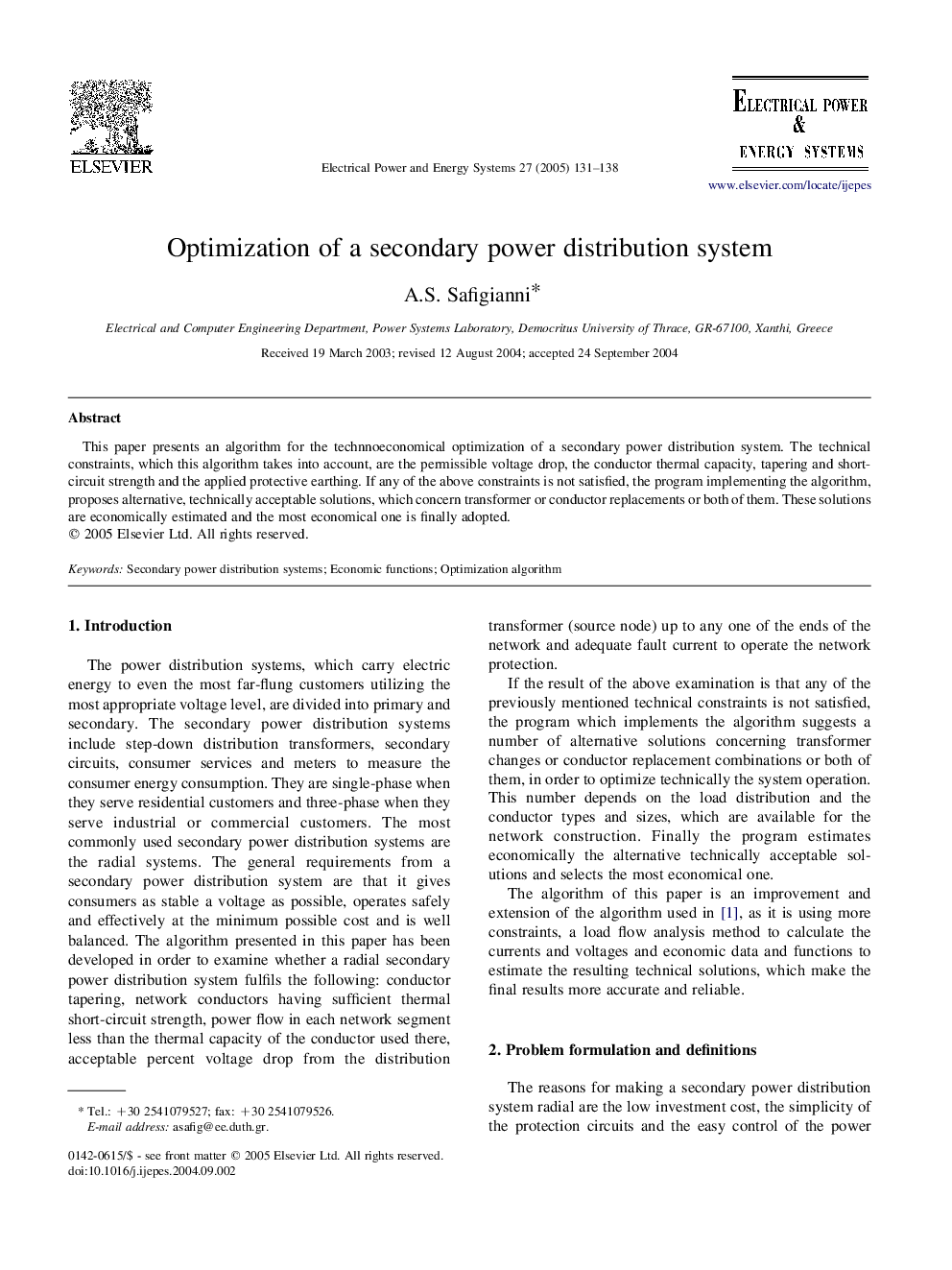 Optimization of a secondary power distribution system