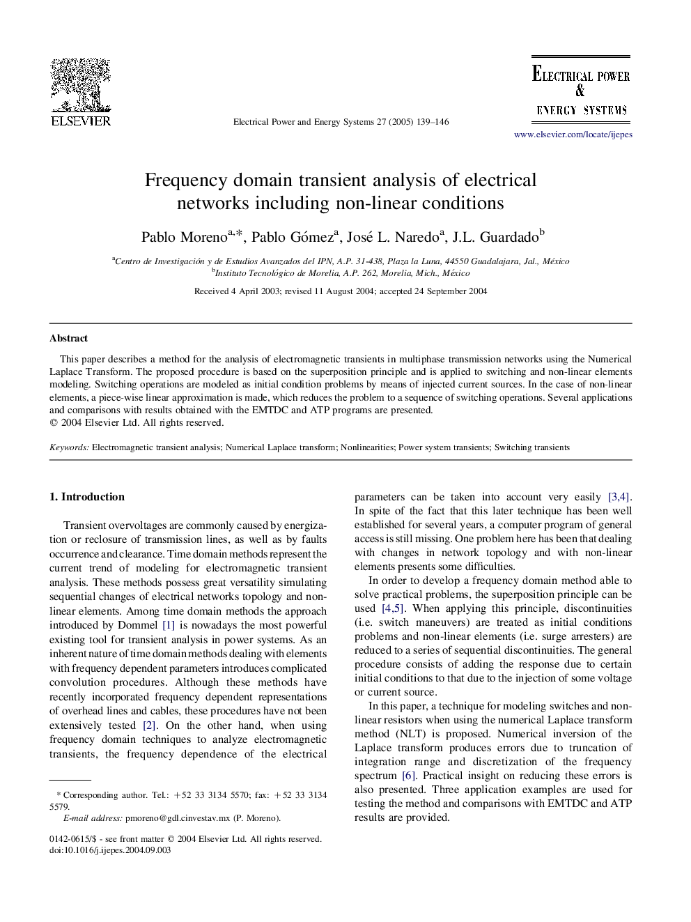 Frequency domain transient analysis of electrical networks including non-linear conditions