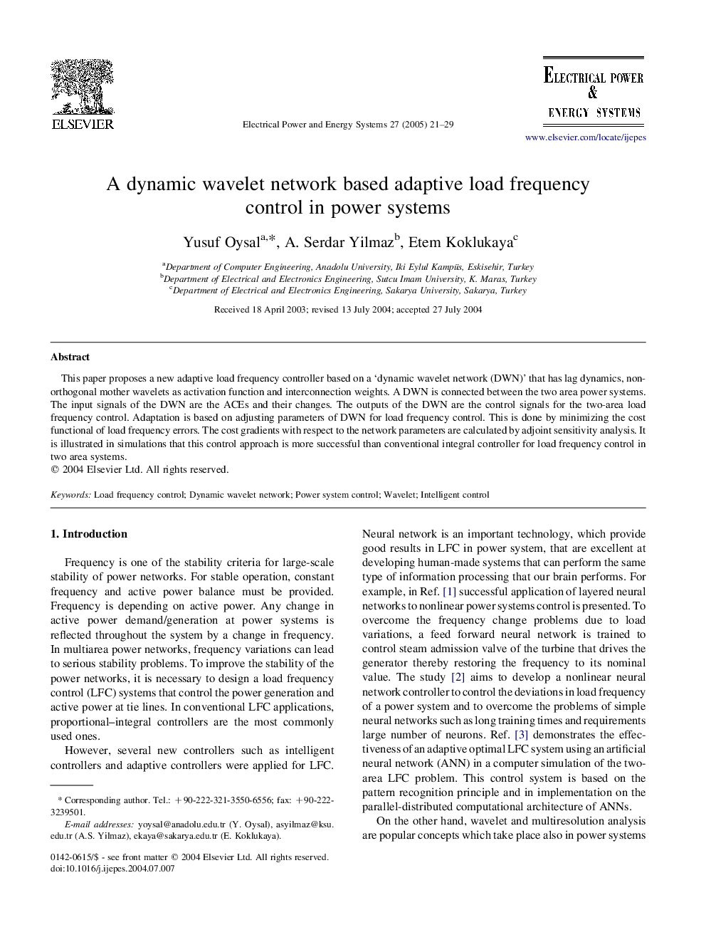 A dynamic wavelet network based adaptive load frequency control in power systems