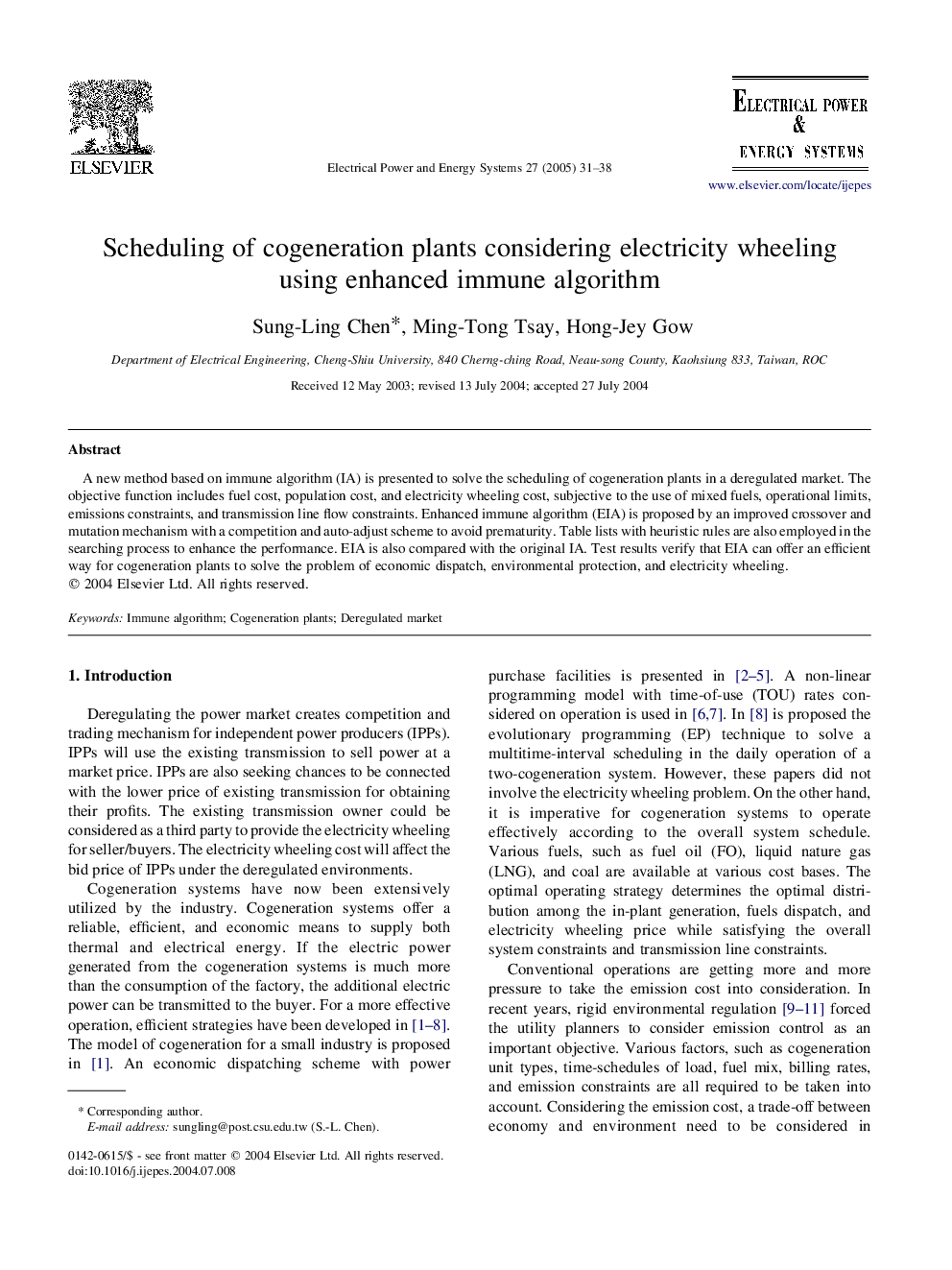 Scheduling of cogeneration plants considering electricity wheeling using enhanced immune algorithm