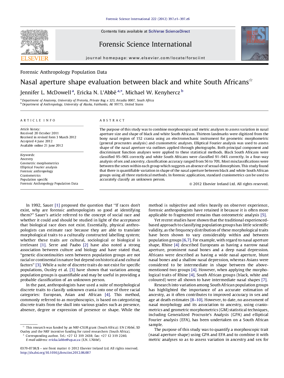 Nasal aperture shape evaluation between black and white South Africans