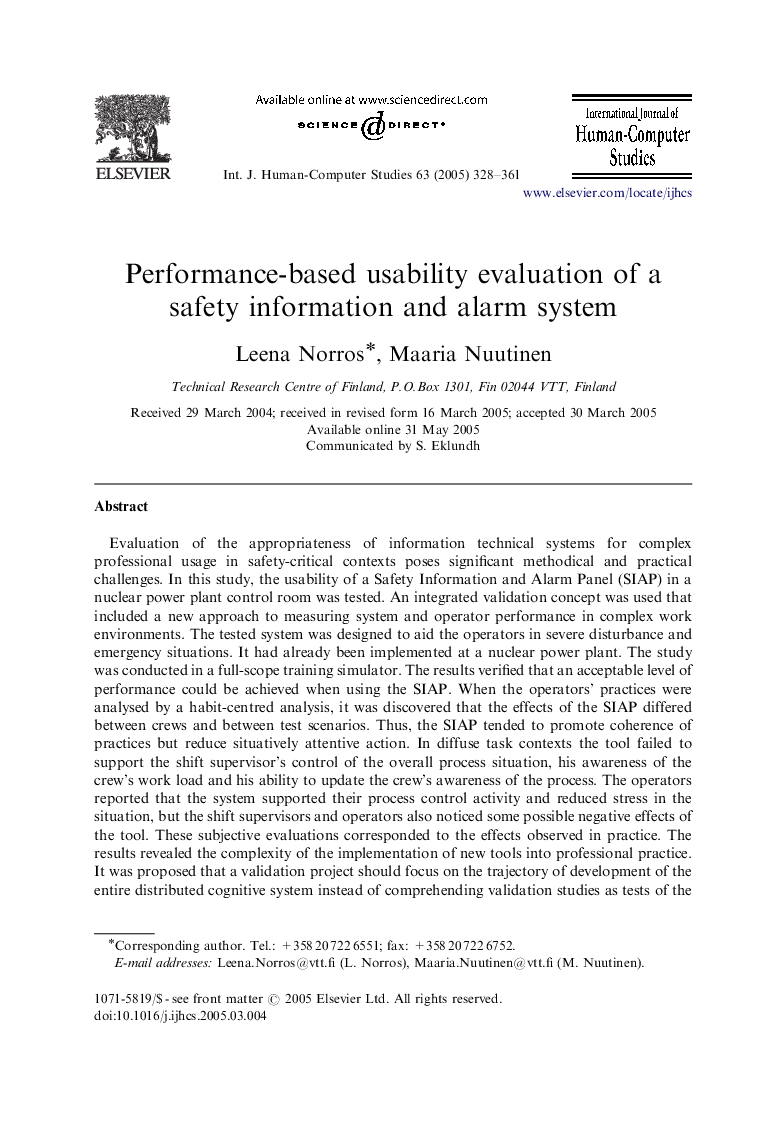 Performance-based usability evaluation of a safety information and alarm system