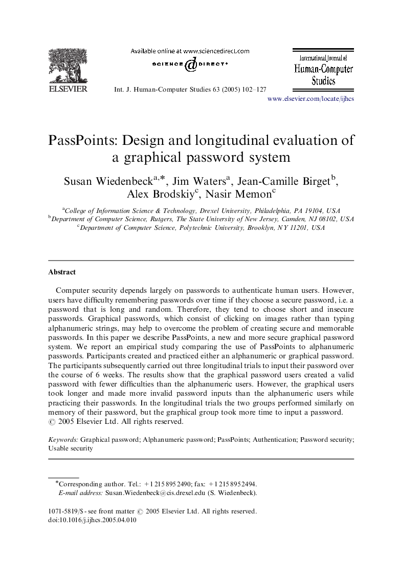 PassPoints: Design and longitudinal evaluation of a graphical password system