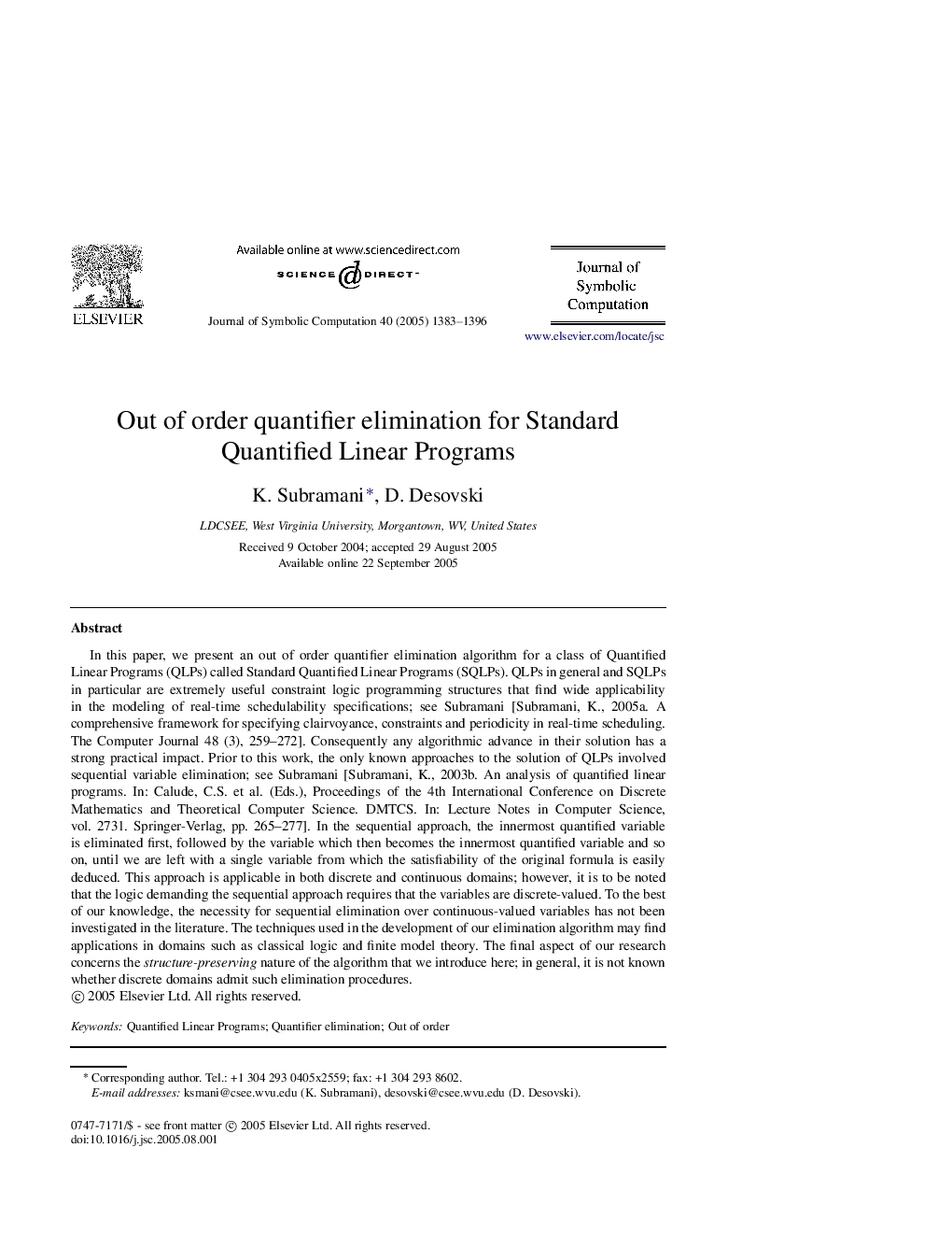 Out of order quantifier elimination for Standard Quantified Linear Programs