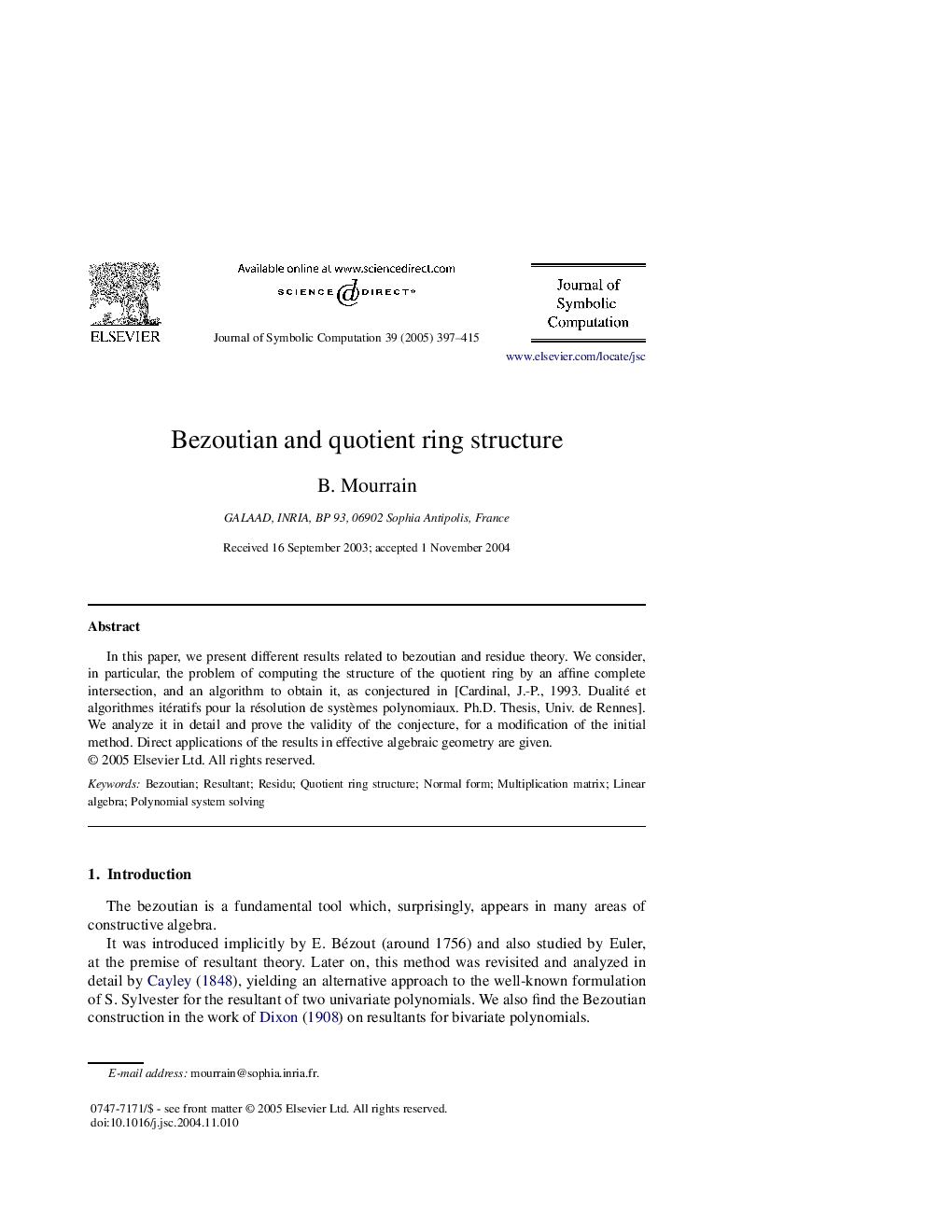 Bezoutian and quotient ring structure