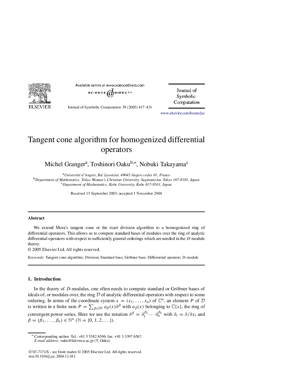 Tangent cone algorithm for homogenized differential operators