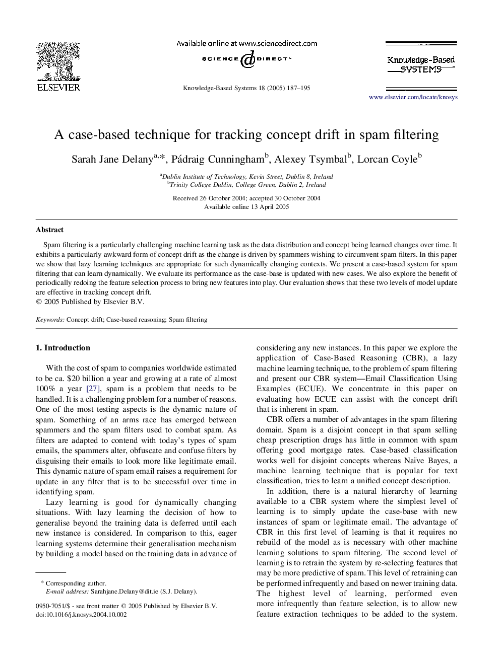 A case-based technique for tracking concept drift in spam filtering