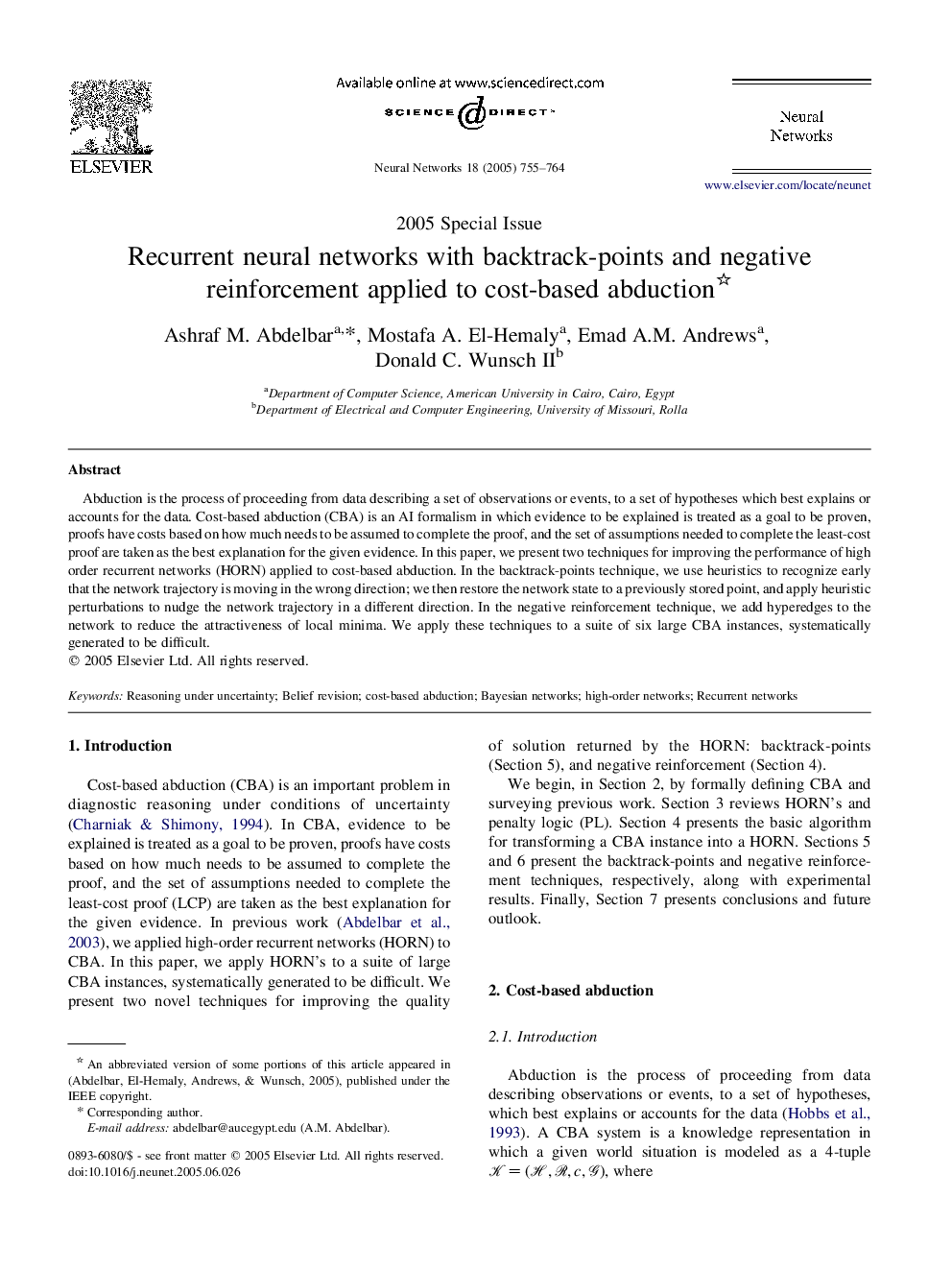 Recurrent neural networks with backtrack-points and negative reinforcement applied to cost-based abduction