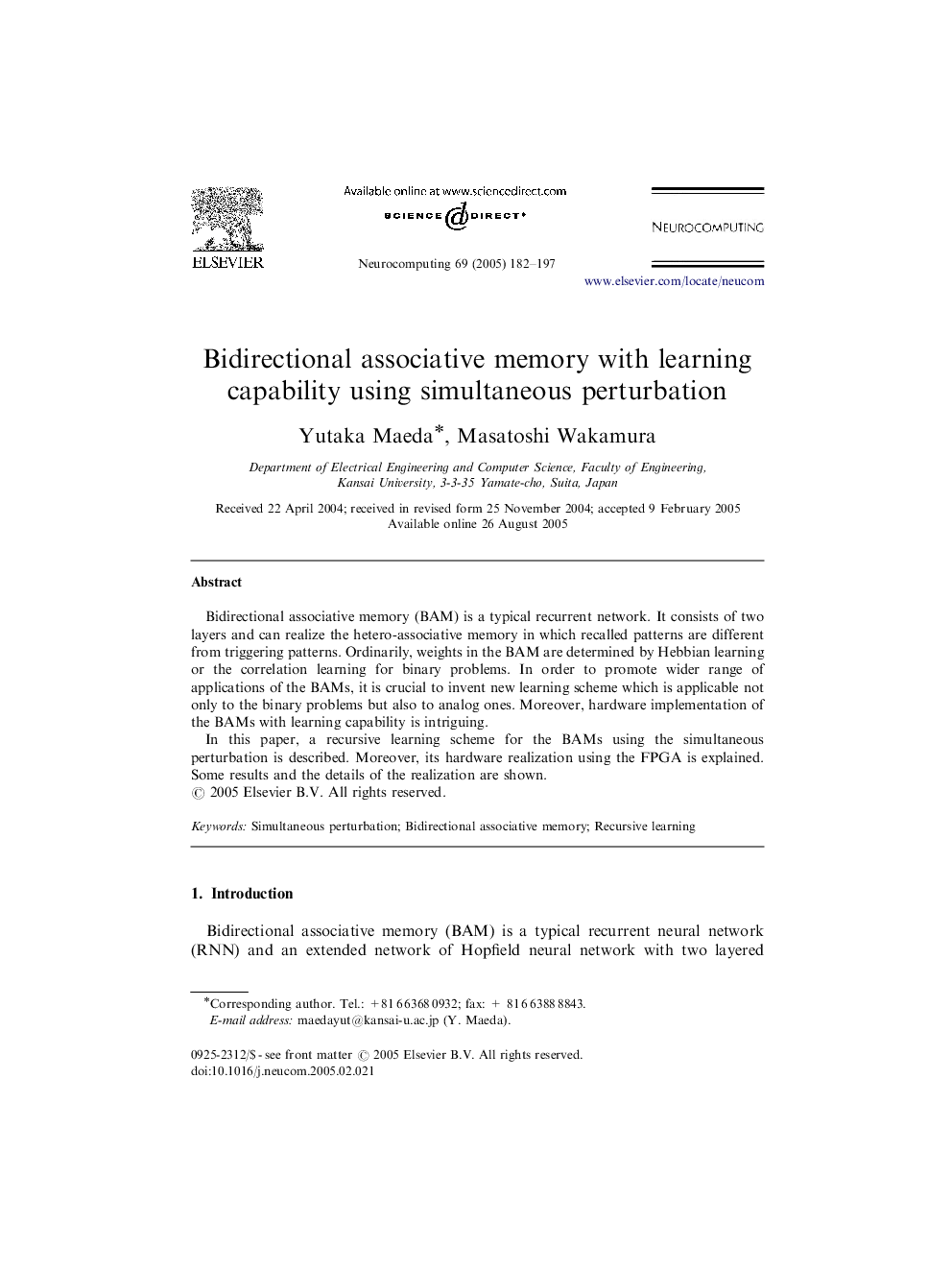 Bidirectional associative memory with learning capability using simultaneous perturbation