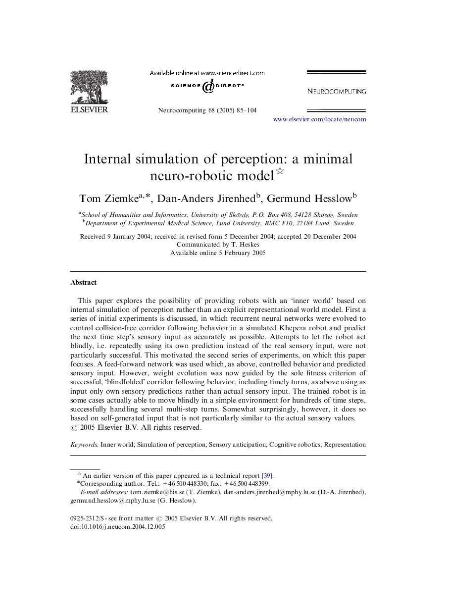 Internal simulation of perception: a minimal neuro-robotic model