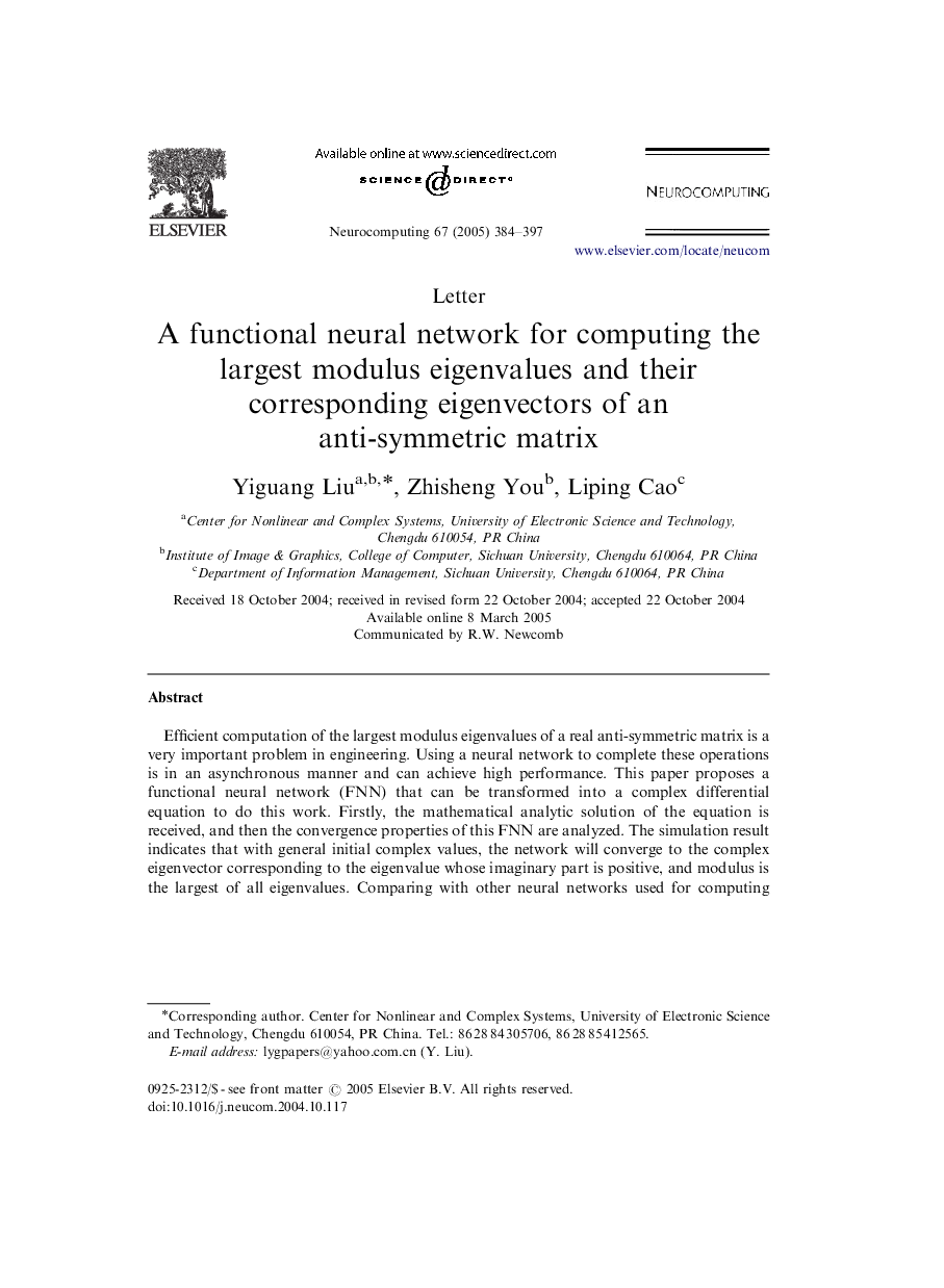 A functional neural network for computing the largest modulus eigenvalues and their corresponding eigenvectors of an anti-symmetric matrix