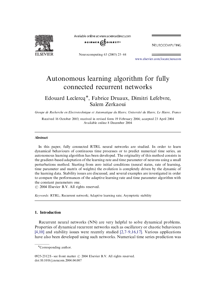 Autonomous learning algorithm for fully connected recurrent networks