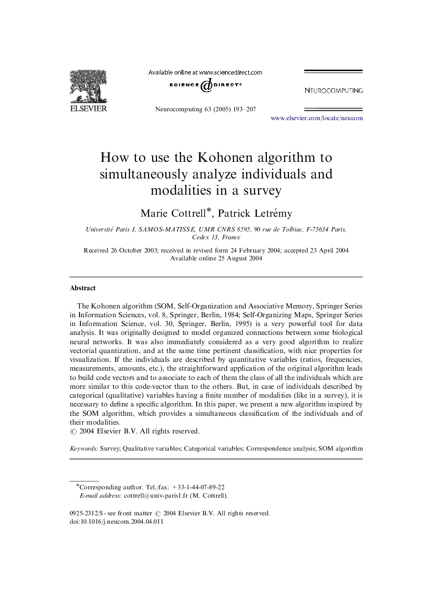 How to use the Kohonen algorithm to simultaneously analyze individuals and modalities in a survey