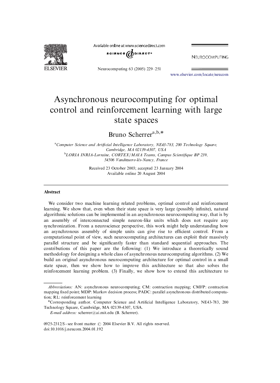 Asynchronous neurocomputing for optimal control and reinforcement learning with large state spaces