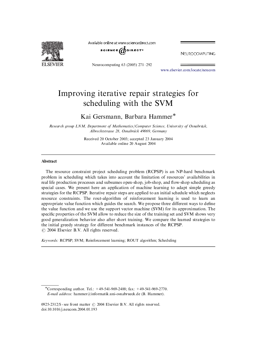 Improving iterative repair strategies for scheduling with the SVM