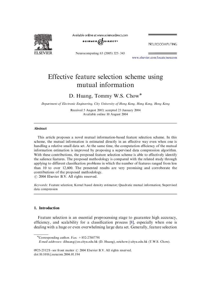 Effective feature selection scheme using mutual information