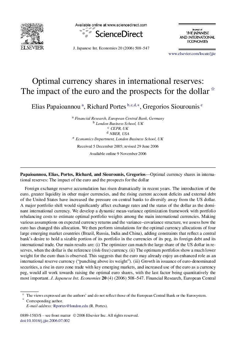 Optimal currency shares in international reserves: The impact of the euro and the prospects for the dollar