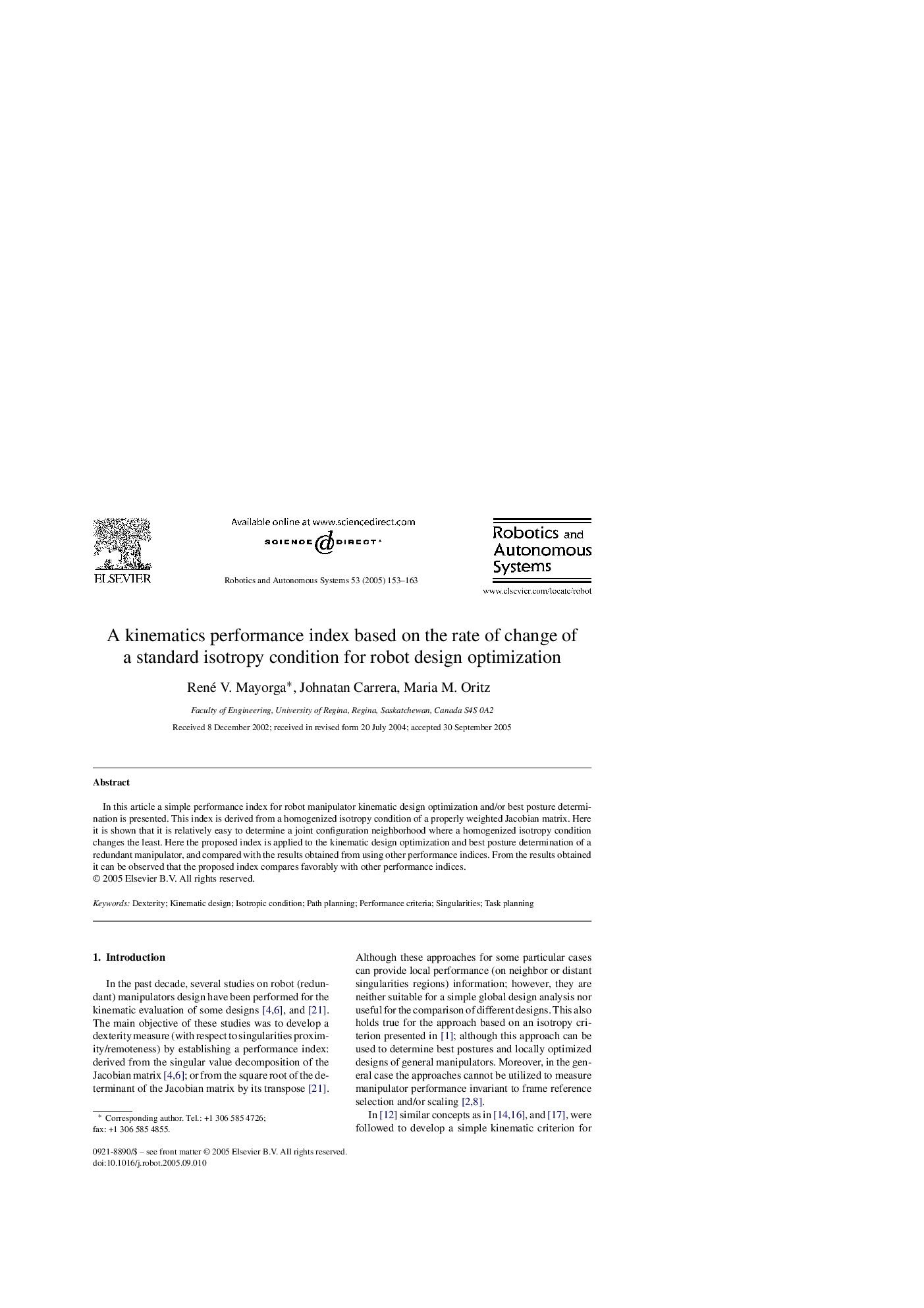 A kinematics performance index based on the rate of change of a standard isotropy condition for robot design optimization