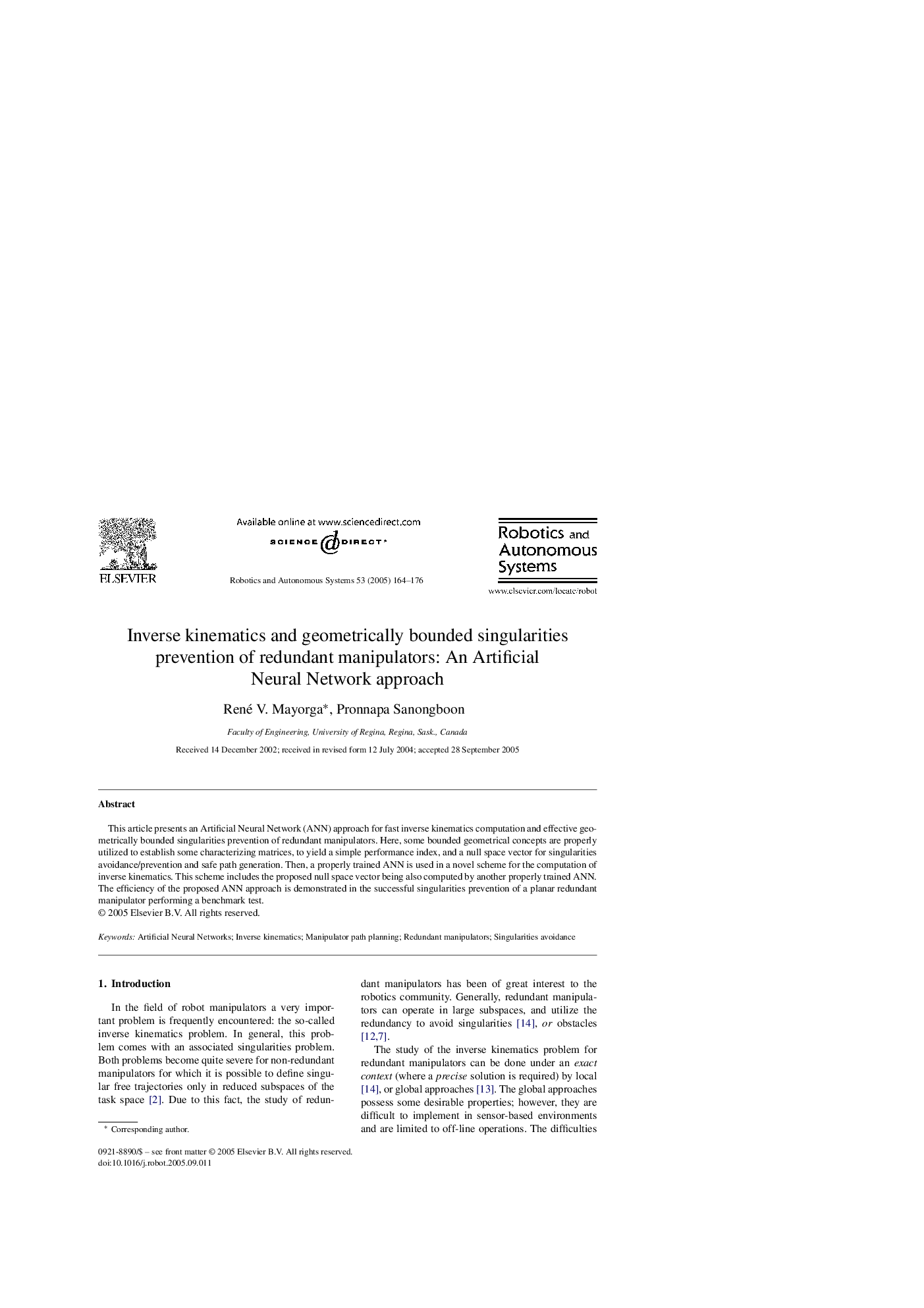 Inverse kinematics and geometrically bounded singularities prevention of redundant manipulators: An Artificial Neural Network approach