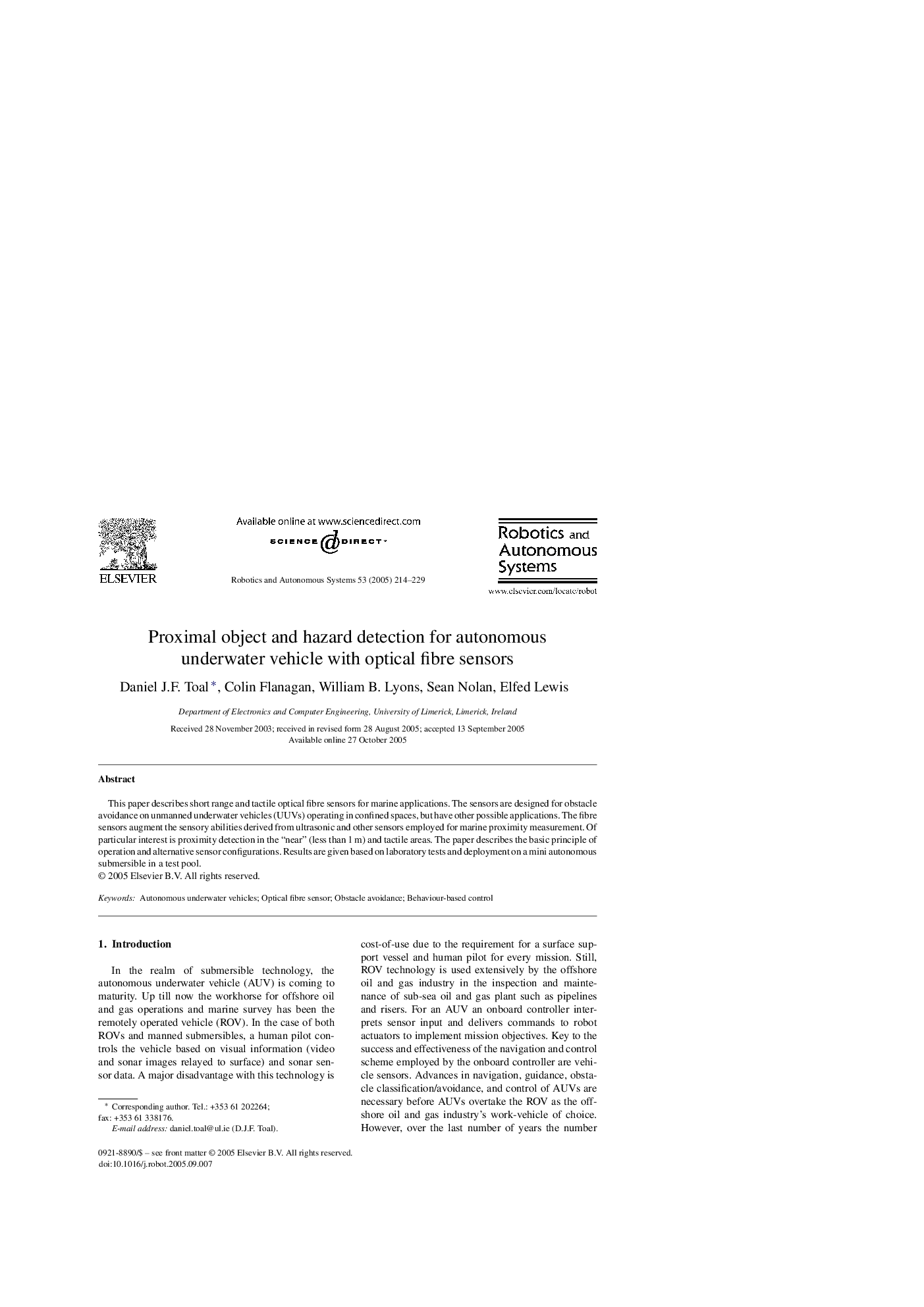 Proximal object and hazard detection for autonomous underwater vehicle with optical fibre sensors