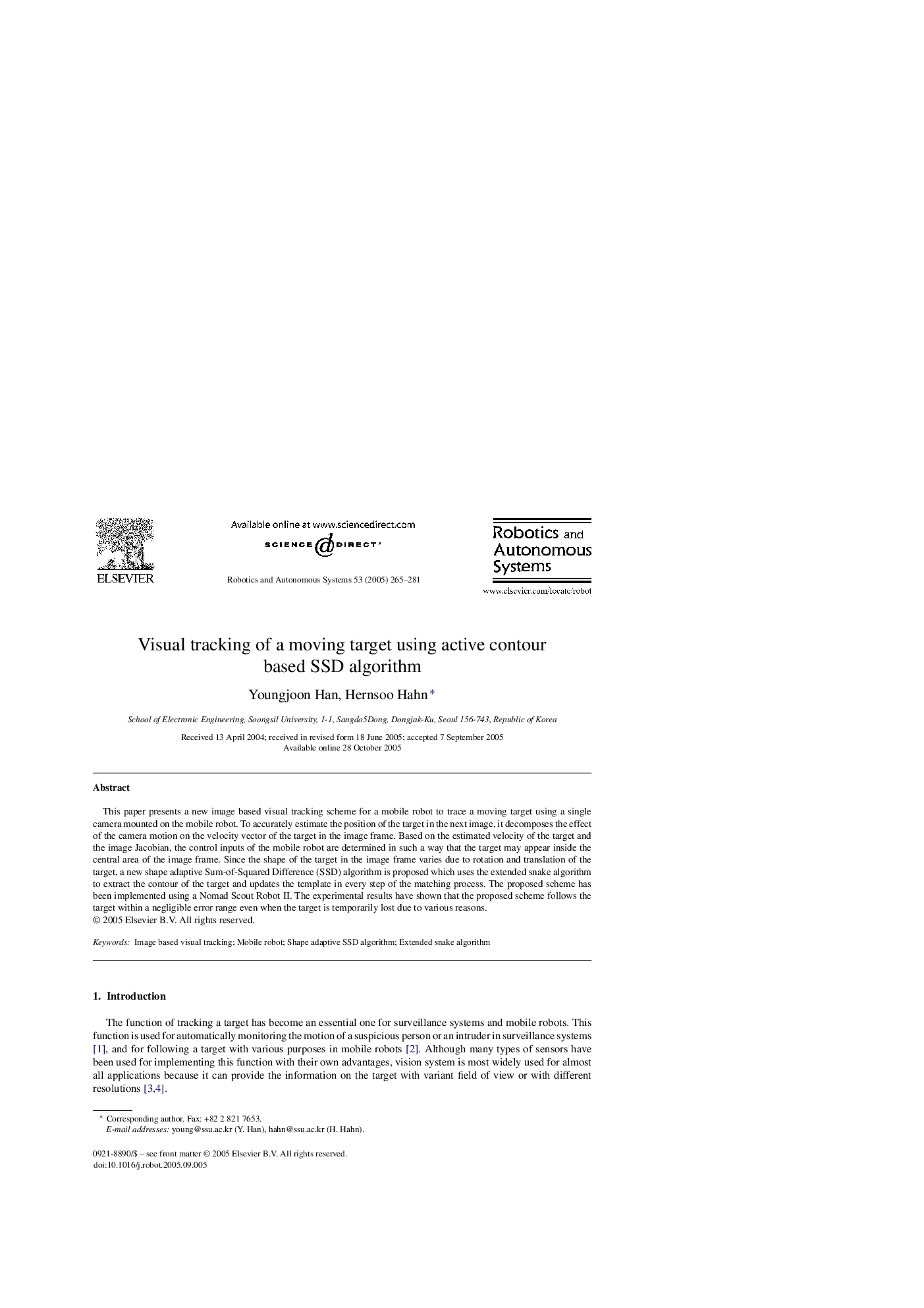 Visual tracking of a moving target using active contour based SSD algorithm