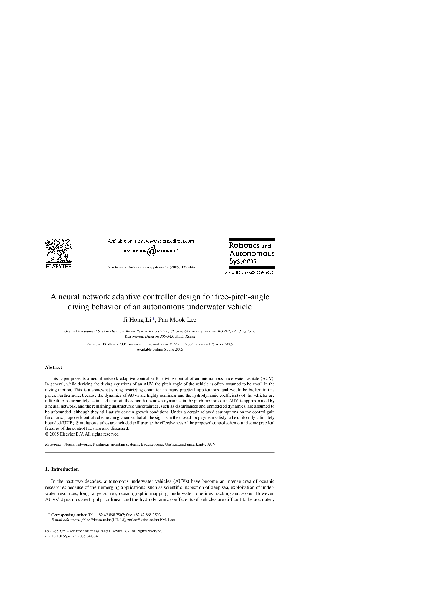 A neural network adaptive controller design for free-pitch-angle diving behavior of an autonomous underwater vehicle