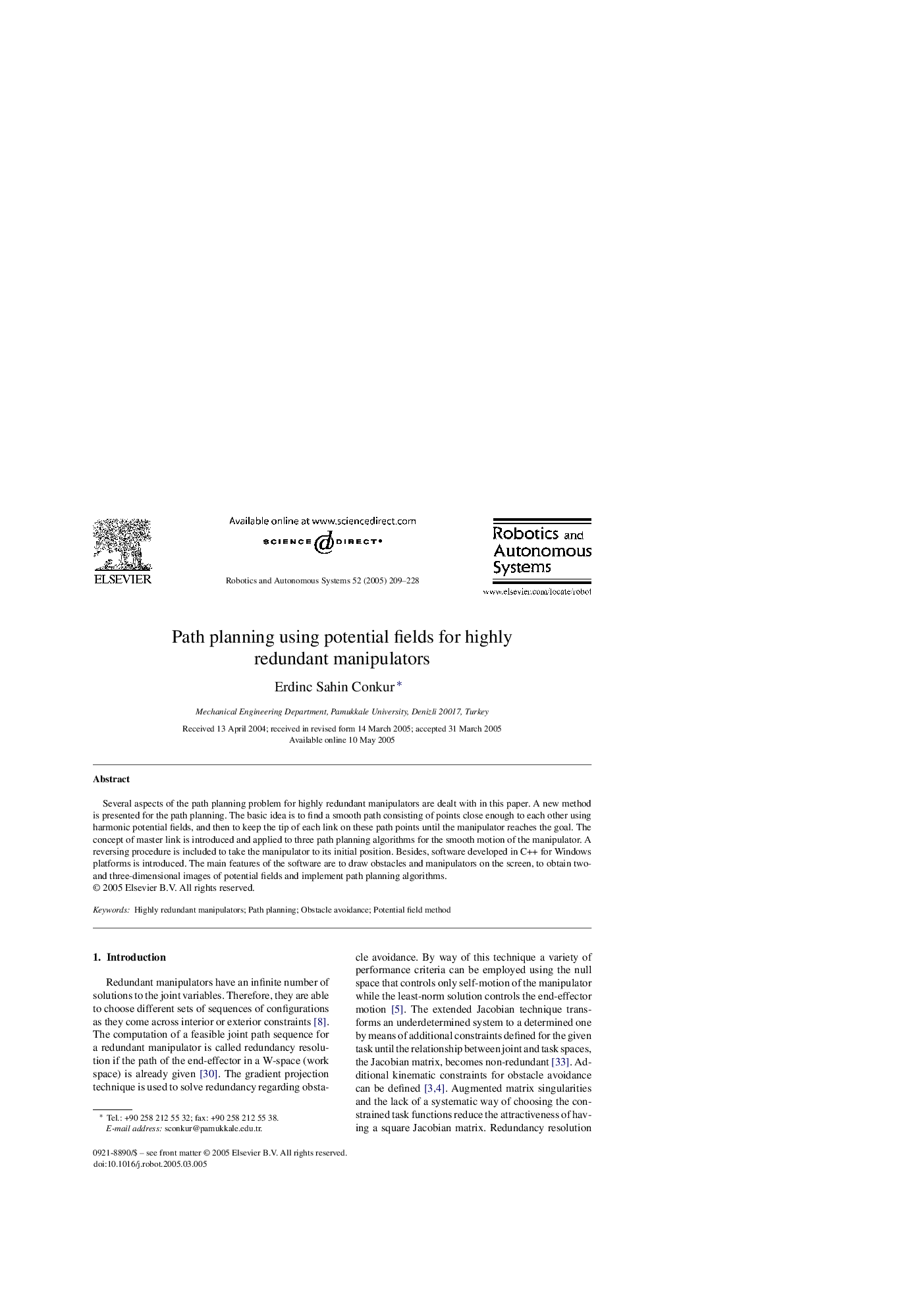 Path planning using potential fields for highly redundant manipulators