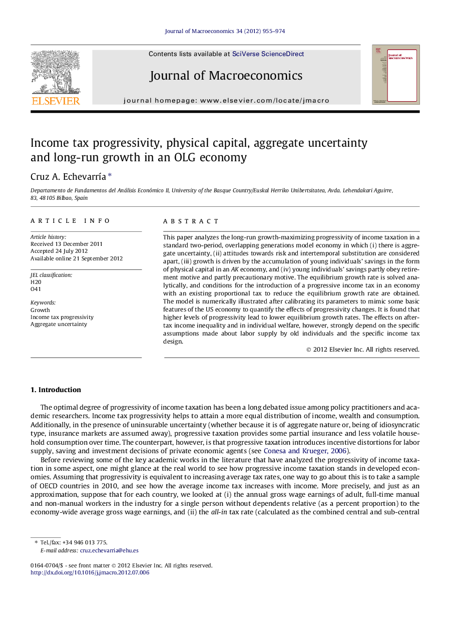 Income tax progressivity, physical capital, aggregate uncertainty and long-run growth in an OLG economy