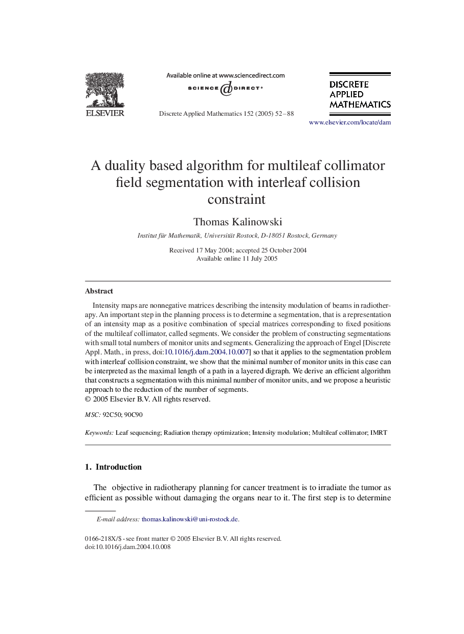 A duality based algorithm for multileaf collimator field segmentation with interleaf collision constraint