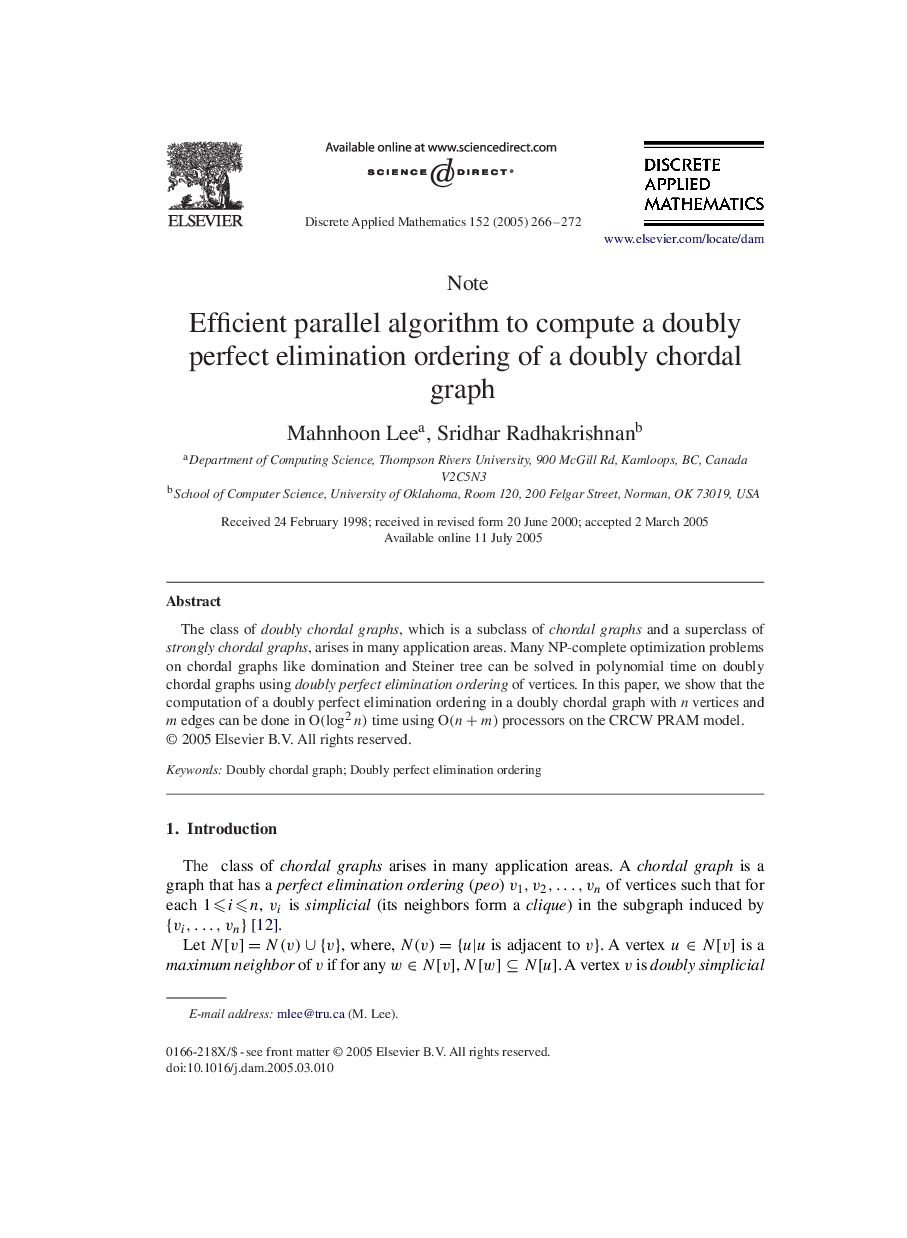 Efficient parallel algorithm to compute a doubly perfect elimination ordering of a doubly chordal graph