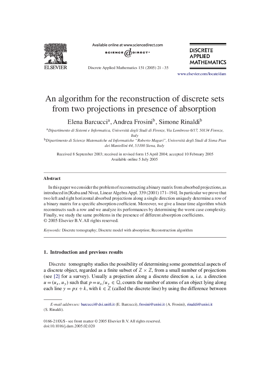 An algorithm for the reconstruction of discrete sets from two projections in presence of absorption