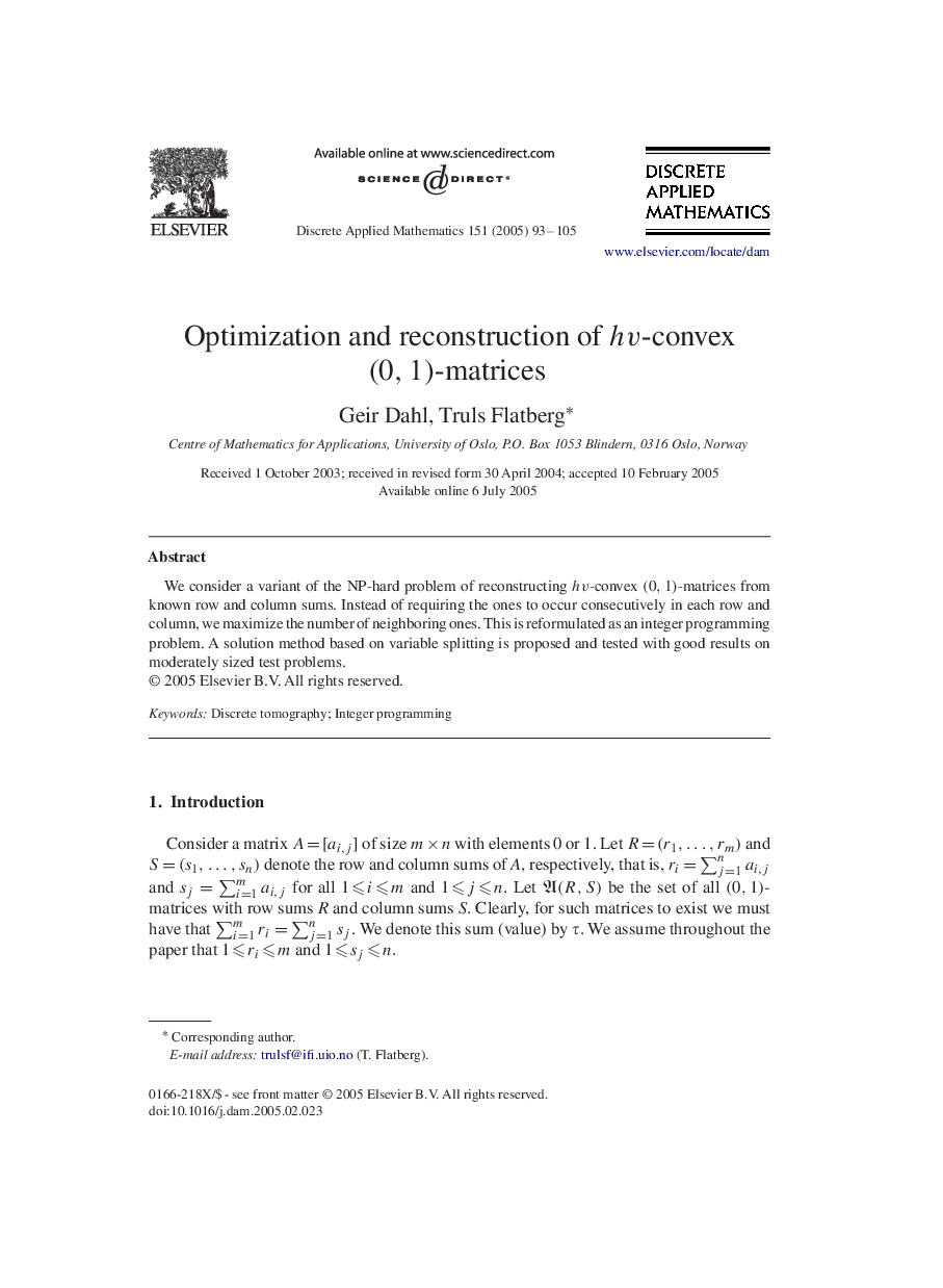 Optimization and reconstruction of hv-convex (0,1)-matrices