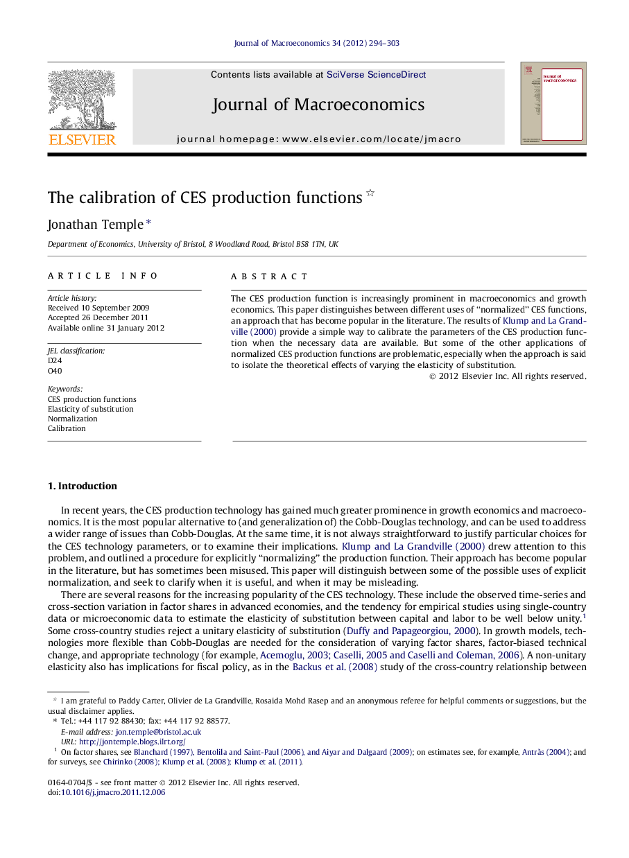 The calibration of CES production functions