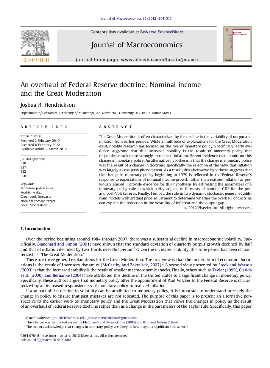 An overhaul of Federal Reserve doctrine: Nominal income and the Great Moderation