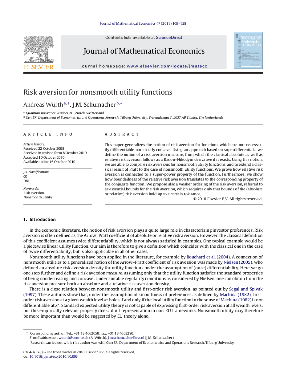 عکس صفحه اول مقاله: Risk aversion for nonsmooth utility functions Risk aversion for nonsmooth utility functions