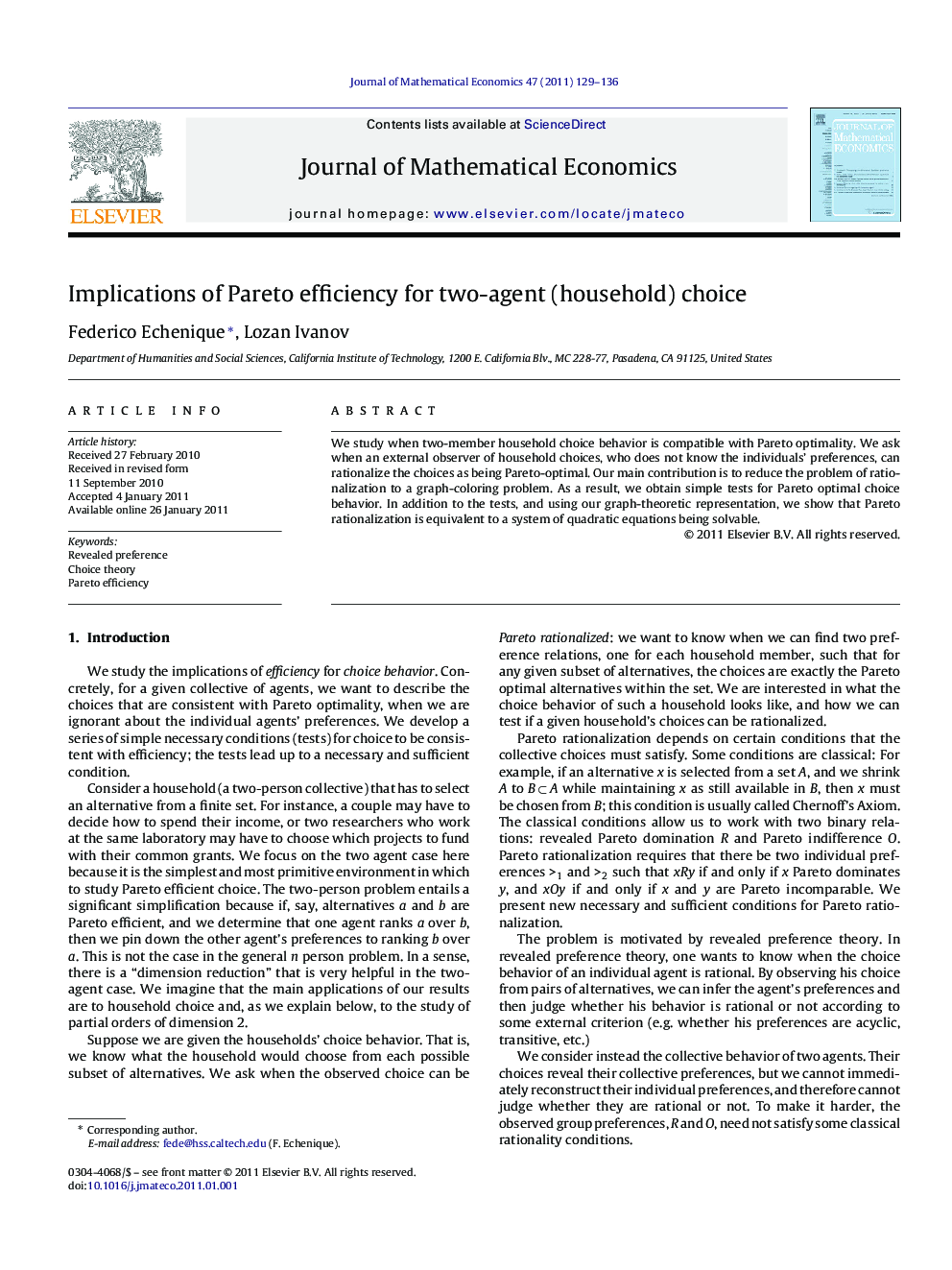 Implications of Pareto efficiency for two-agent (household) choice