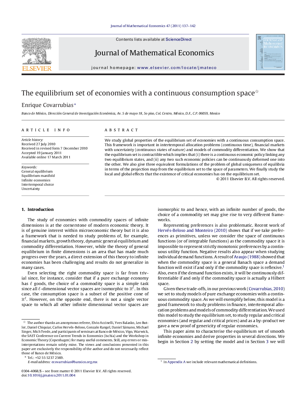 The equilibrium set of economies with a continuous consumption space