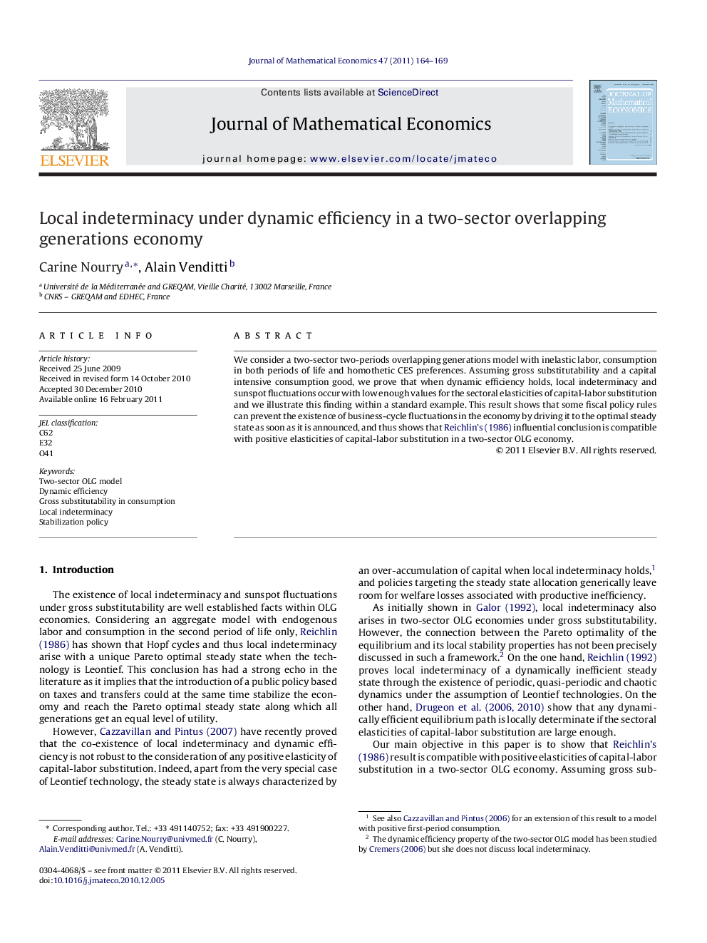 Local indeterminacy under dynamic efficiency in a two-sector overlapping generations economy