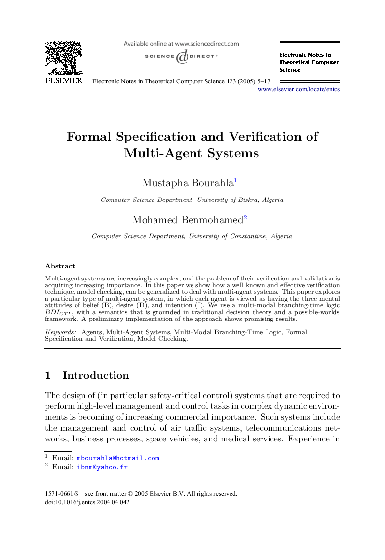 Formal Specification and Verification of Multi-Agent Systems