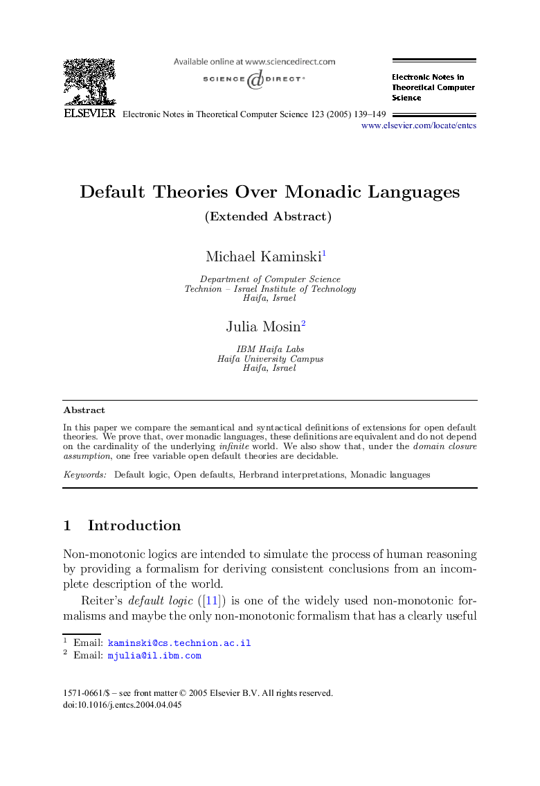 Default Theories Over Monadic Languages