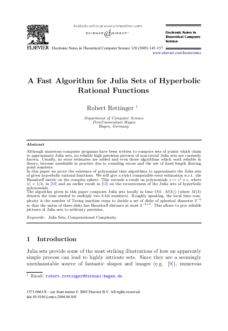 A Fast Algorithm for Julia Sets of Hyperbolic Rational Functions