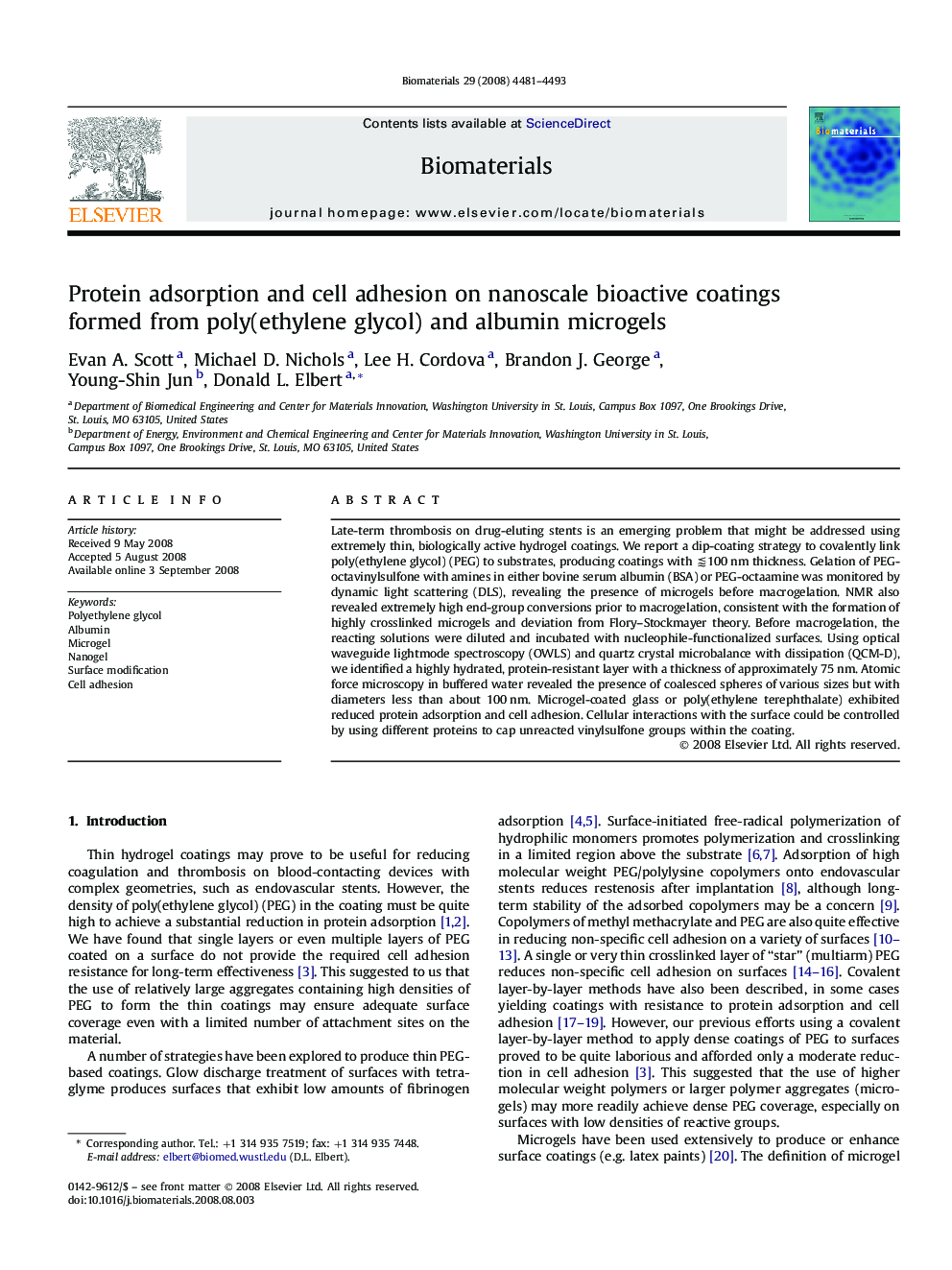 Protein adsorption and cell adhesion on nanoscale bioactive coatings formed from poly(ethylene glycol) and albumin microgels