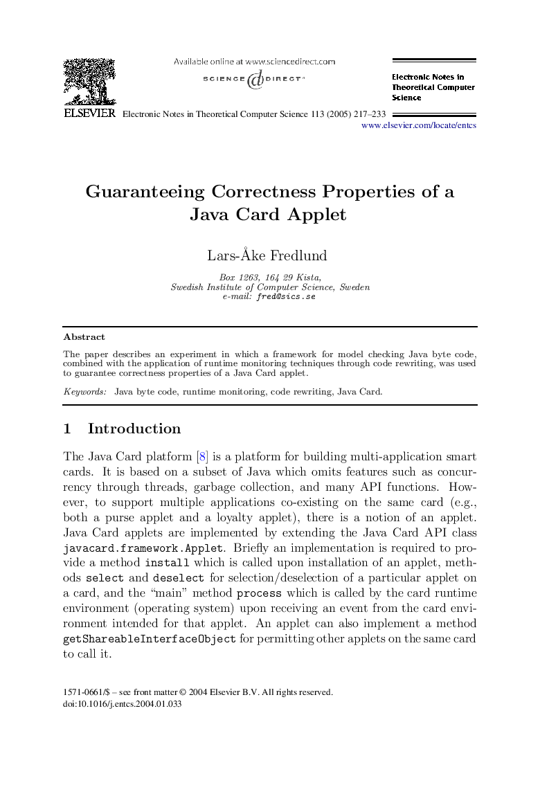 Guaranteeing Correctness Properties of a Java Card Applet