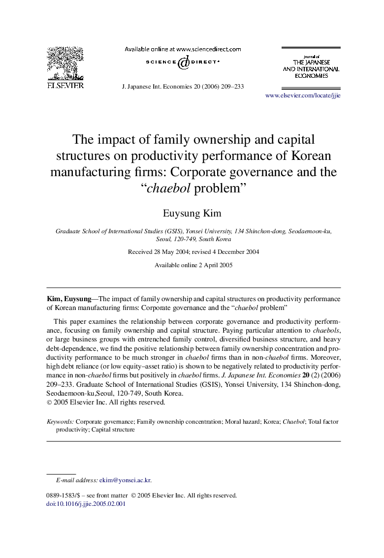 The impact of family ownership and capital structures on productivity performance of Korean manufacturing firms: Corporate governance and the “chaebol problem”