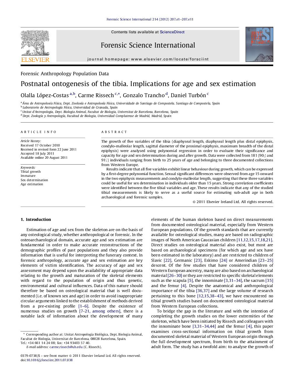 Postnatal ontogenesis of the tibia. Implications for age and sex estimation