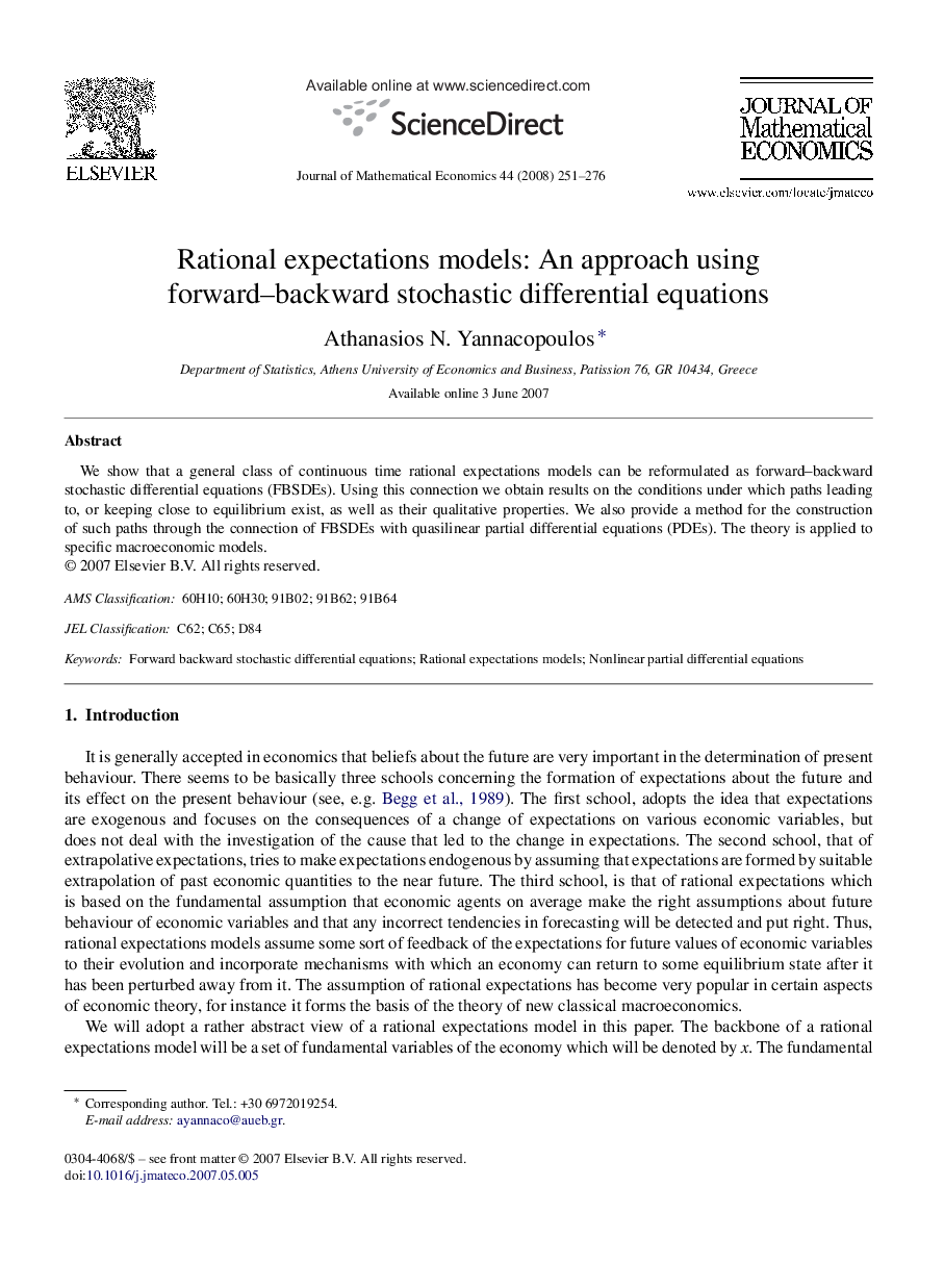 Rational expectations models: An approach using forward-backward stochastic differential equations