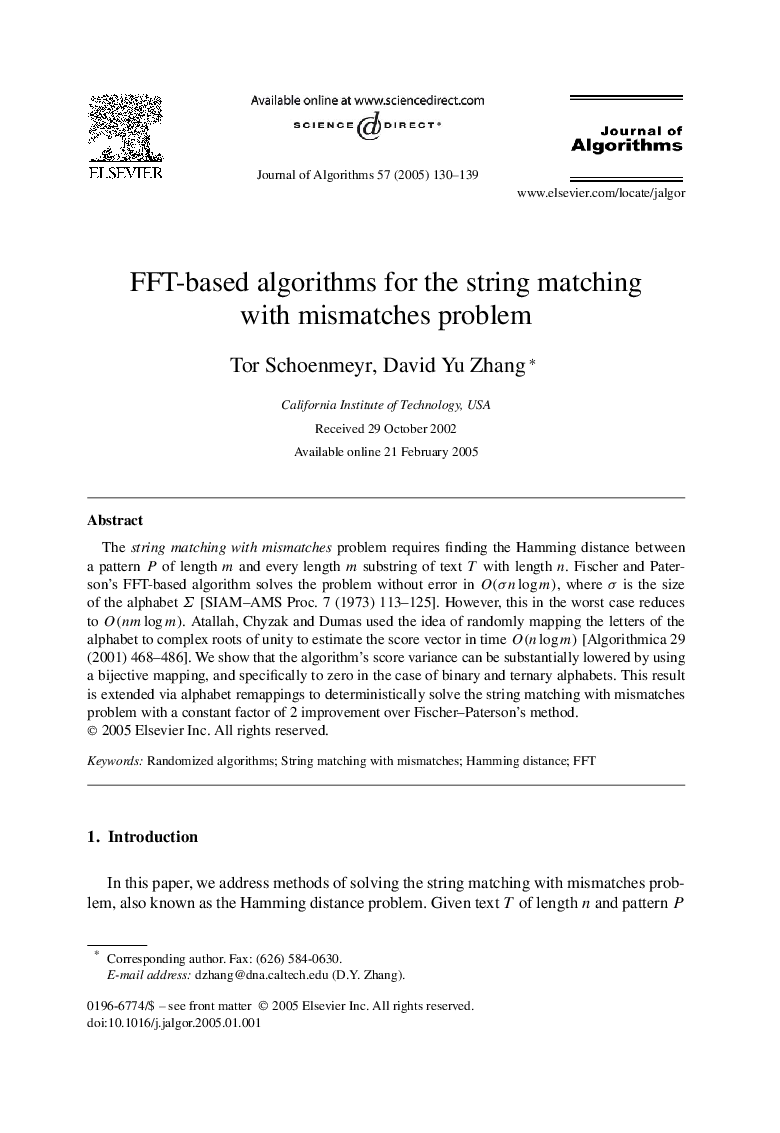 FFT-based algorithms for the string matching with mismatches problem