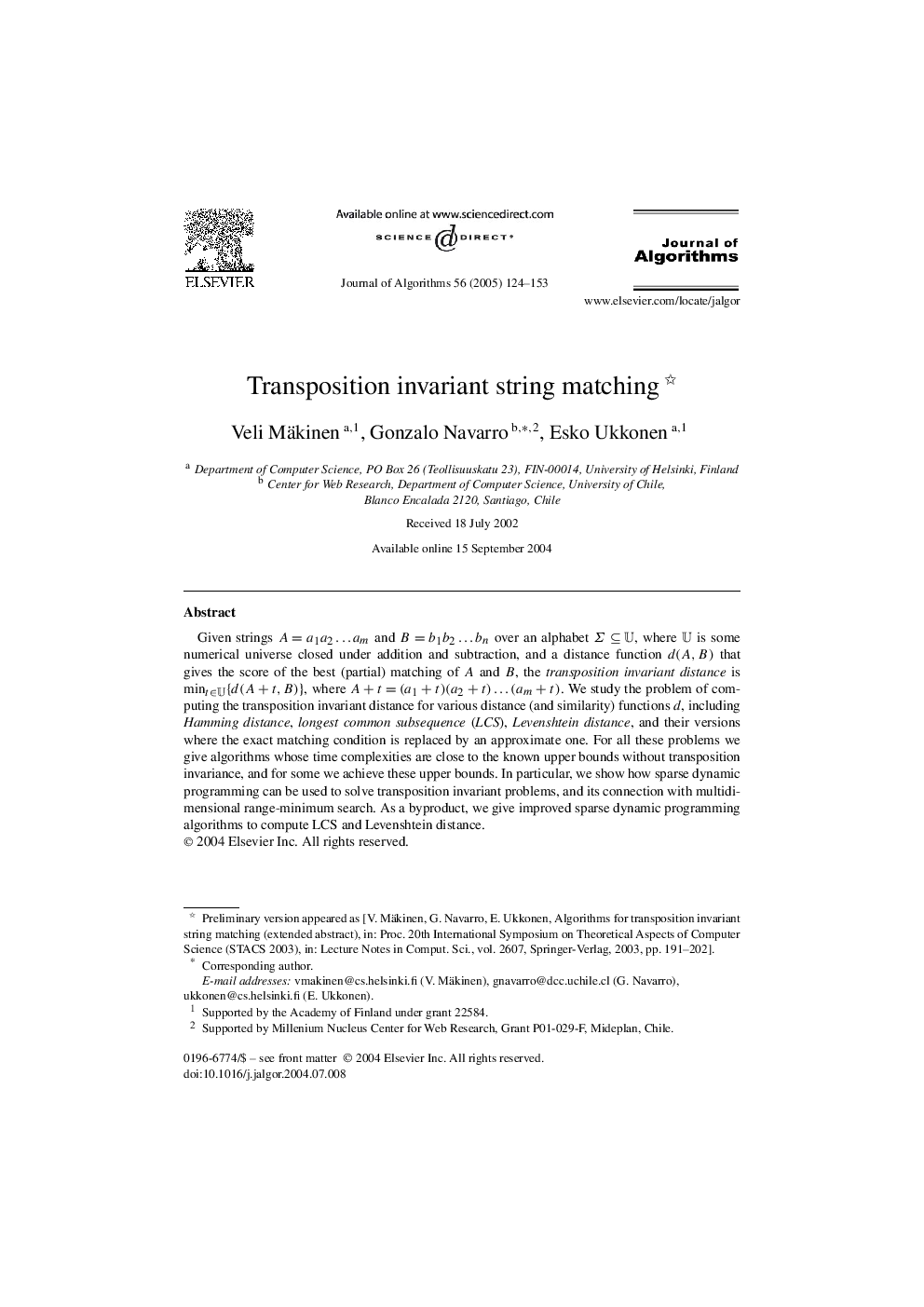 Transposition invariant string matching